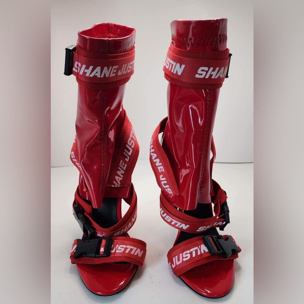 Shane Justin Red Patent Strappy High Heel Sandals - Picture 5 of 8